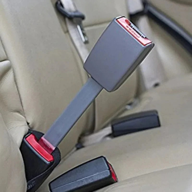 Black car seat belt extender with elevated buckle; rigid auto accessory for comfortable & safe use.