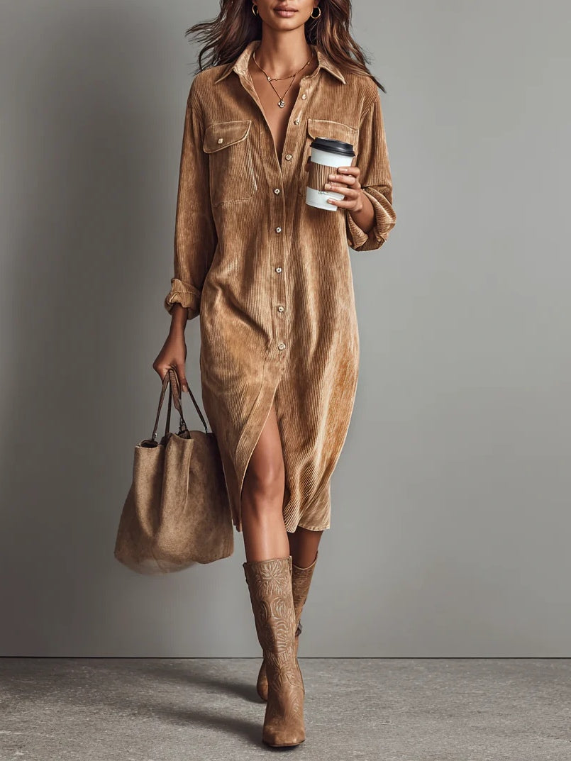 Caramel corduroy button-up midi dress for women, casual autumn fashion with long sleeves.