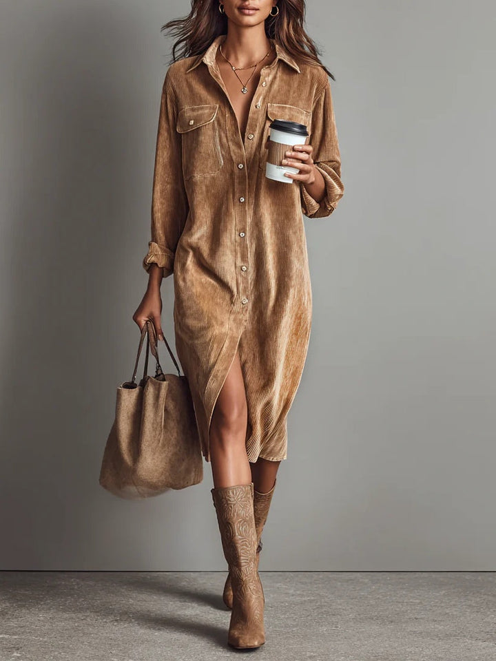 Caramel corduroy button-up midi dress for women, casual autumn fashion with long sleeves.