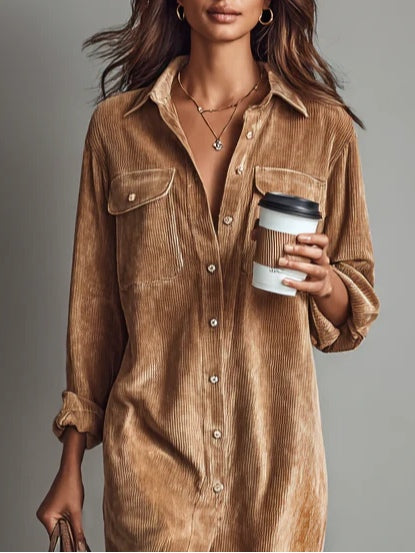 Women's caramel corduroy midi dress, front view showing full button-up detail and soft texture.