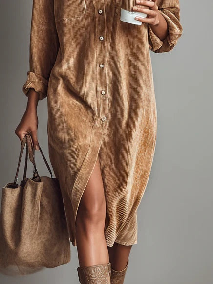 Close-up of the corduroy fabric on a women's caramel midi dress, highlighting its texture.