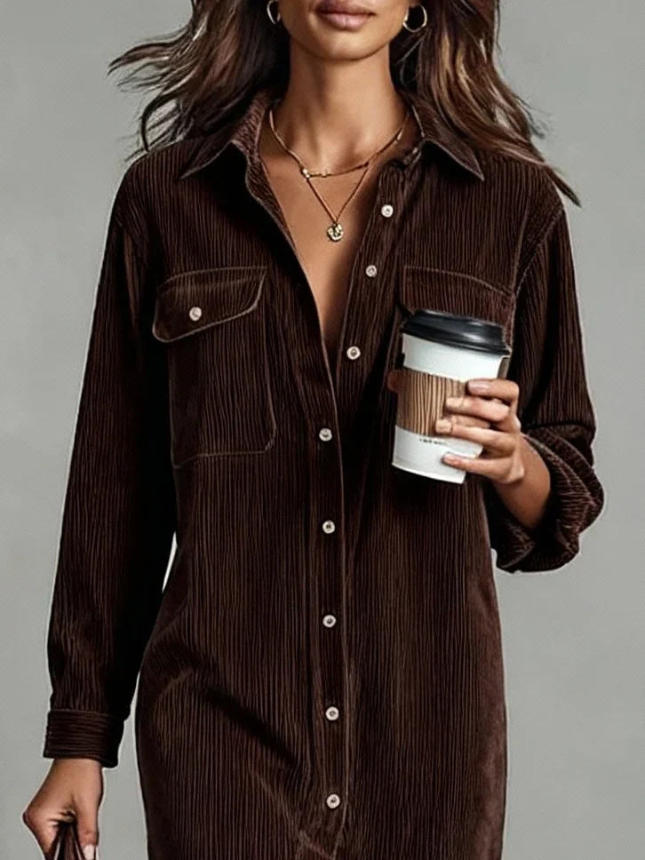 Brown corduroy midi dress with full-length buttons, a versatile casual dress for women.