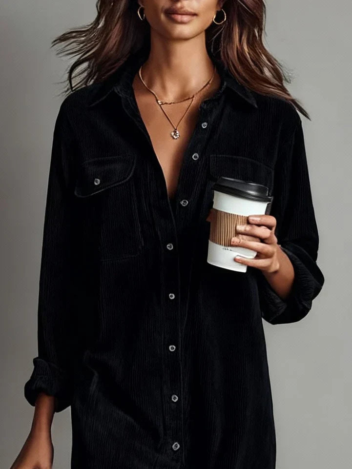 Caramel corduroy button-up dress, a comfortable and chic women's midi dress for everyday wear.