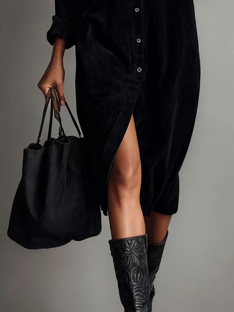Back view of a women's corduroy button-up midi dress in rich caramel, casual and elegant.