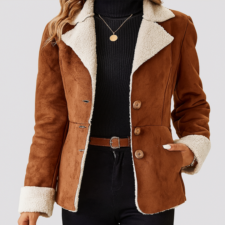 Caramel faux fur thermal jacket for women, button-front, cozy winter outerwear.