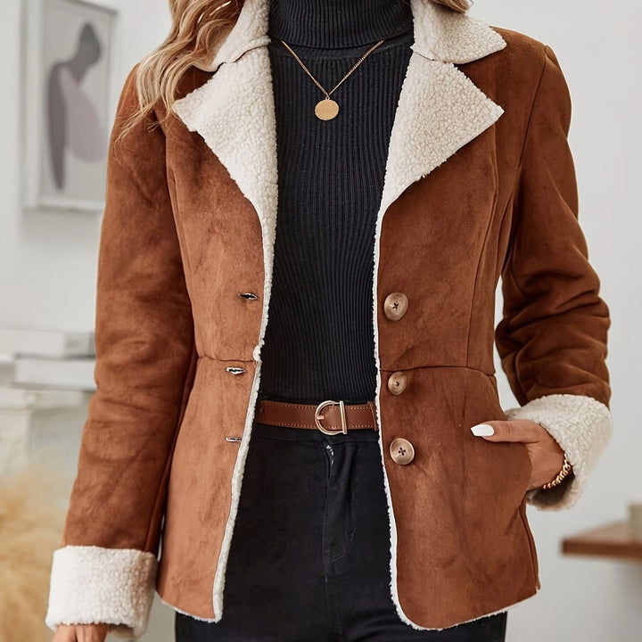 Women's stylish caramel faux fur button-front jacket, warm thermal winter coat.