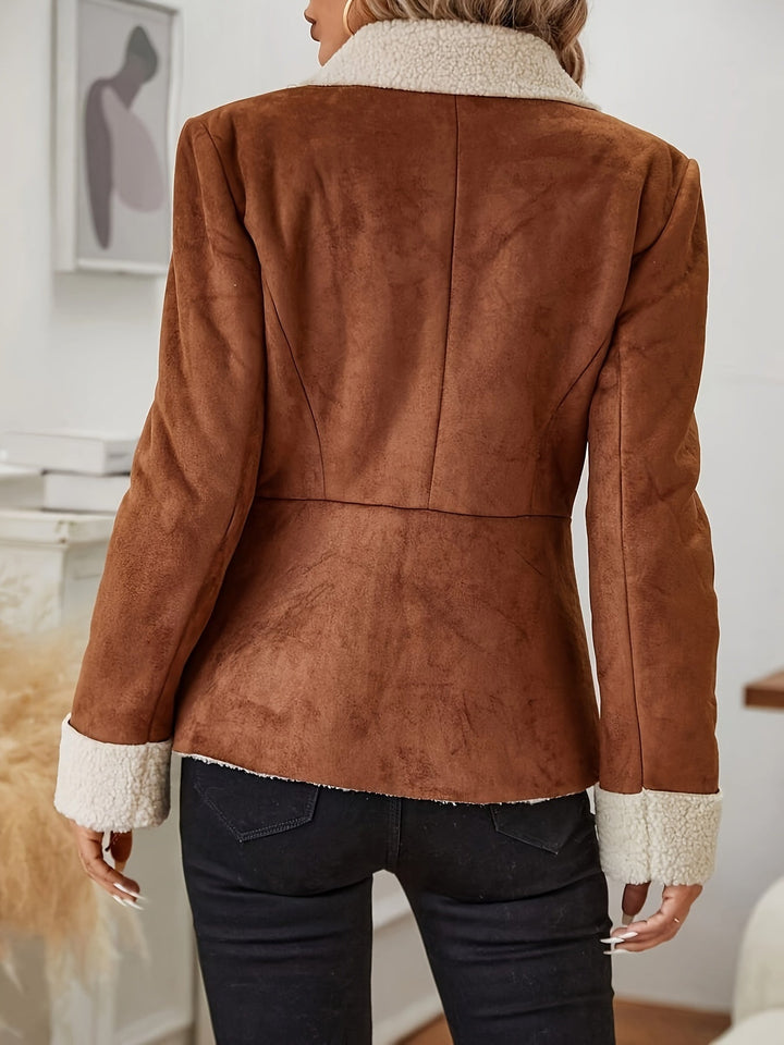 Warm caramel faux fur jacket with button front closure, essential women's thermal outerwear.