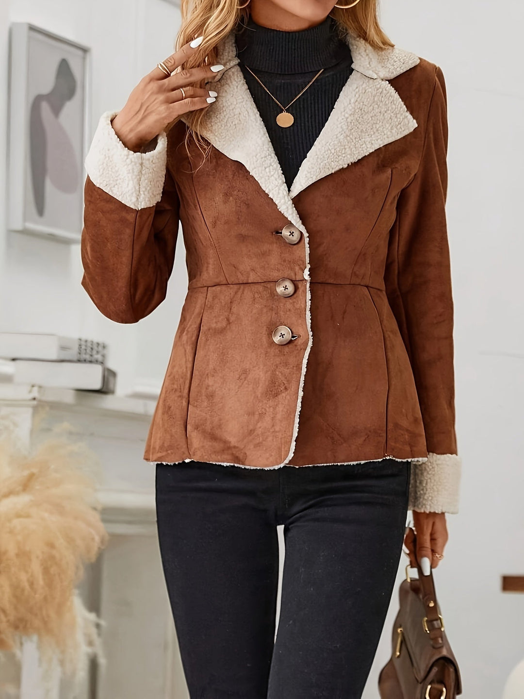 Fashionable women's caramel faux fur button-front thermal coat for winter warmth.