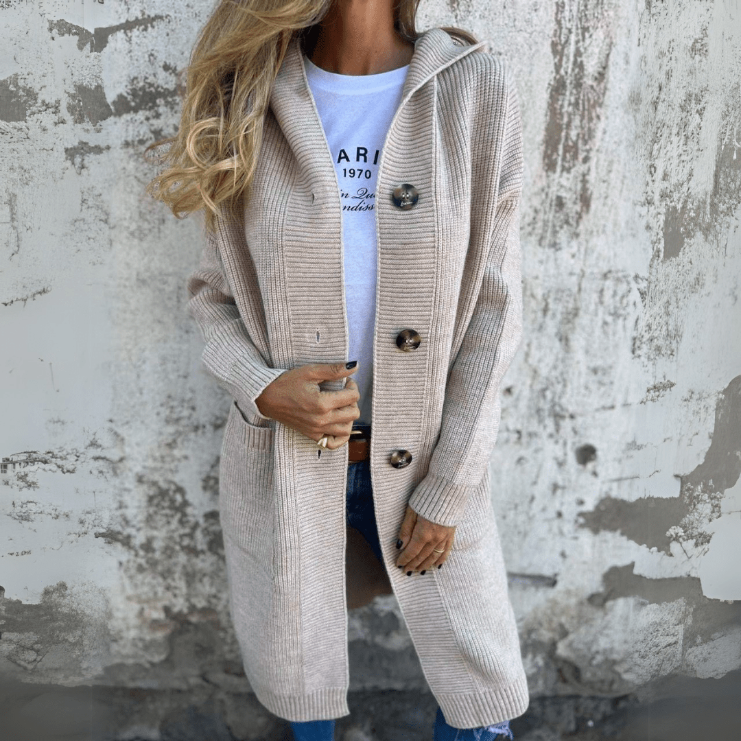 Women's long knit cardigan, an open-front outerwear piece for casual spring and fall outfits.