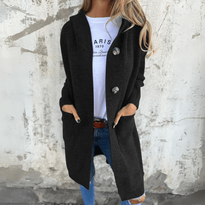 Women's casual long cardigan in a soft knit, an essential open-front piece for spring/fall.