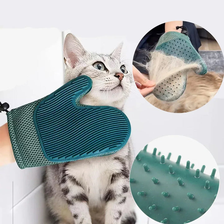 Unisex pet grooming glove for cats, soft rubber nubs for massage & effective fur removal.