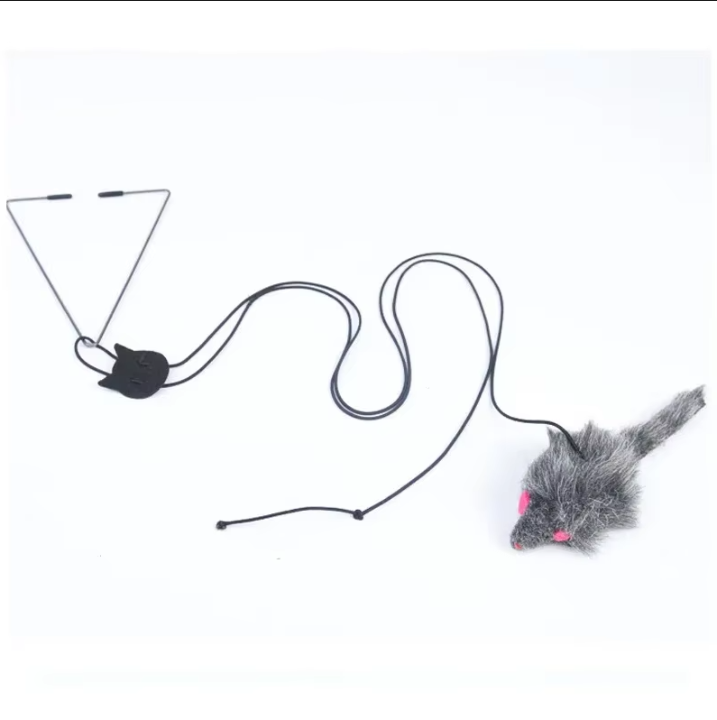 Cat door toy with jumping mouse for active feline play & exercise. Promotes solo pet enrichment.