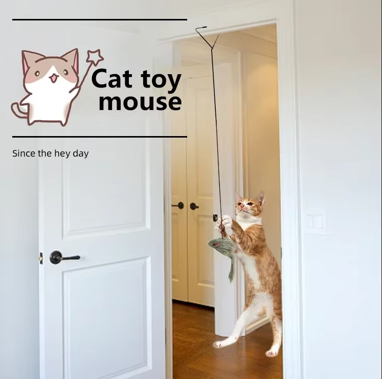 Interactive cat door toy featuring a spring-loaded jumping mouse, perfect for solo play & exercise.