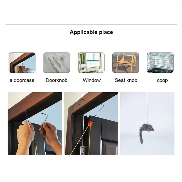 Engaging cat toy with a jumping mouse that hangs on a door for active playtime & exercise.