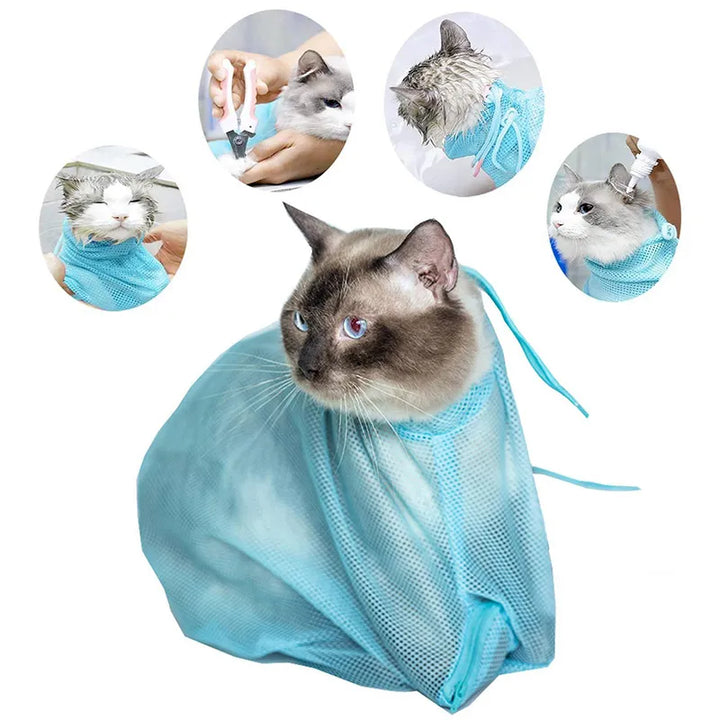 Feline grooming restraint bag for safe claw trimming & nail care. Reduces stress for cats during pet grooming.
