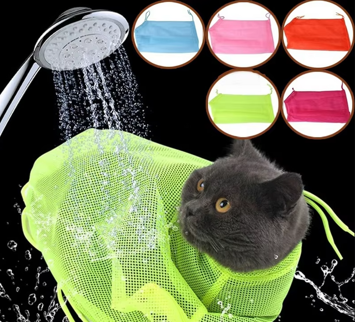 Breathable mesh cat grooming bag with adjustable straps for secure, comfortable pet care during baths & trims.