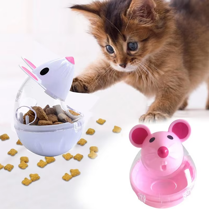 Mouse-shaped treat dispensing cat toy, encouraging active play, feline exercise & slow feeding.