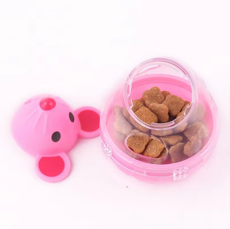 Feline interactive treat dispenser mouse for cats to play, forage, & get exercise indoors.