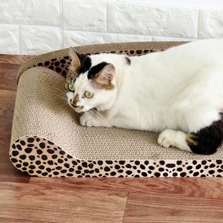 Stylish leopard cat play mat, durable scratcher & comfortable pet bed for cats to lounge and relax.