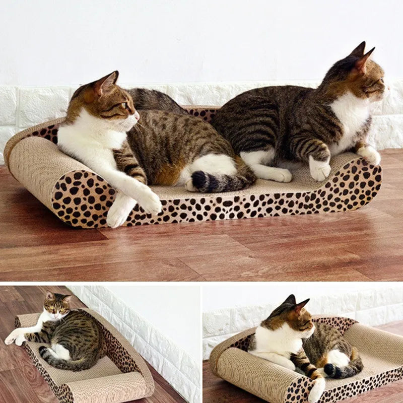 Modern leopard print cat scratching post alternative, a versatile cat bed and play area for happy cats.