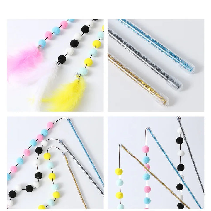 A hand holding the interactive feather & pom pom cat play rod, engaging a playful kitten.