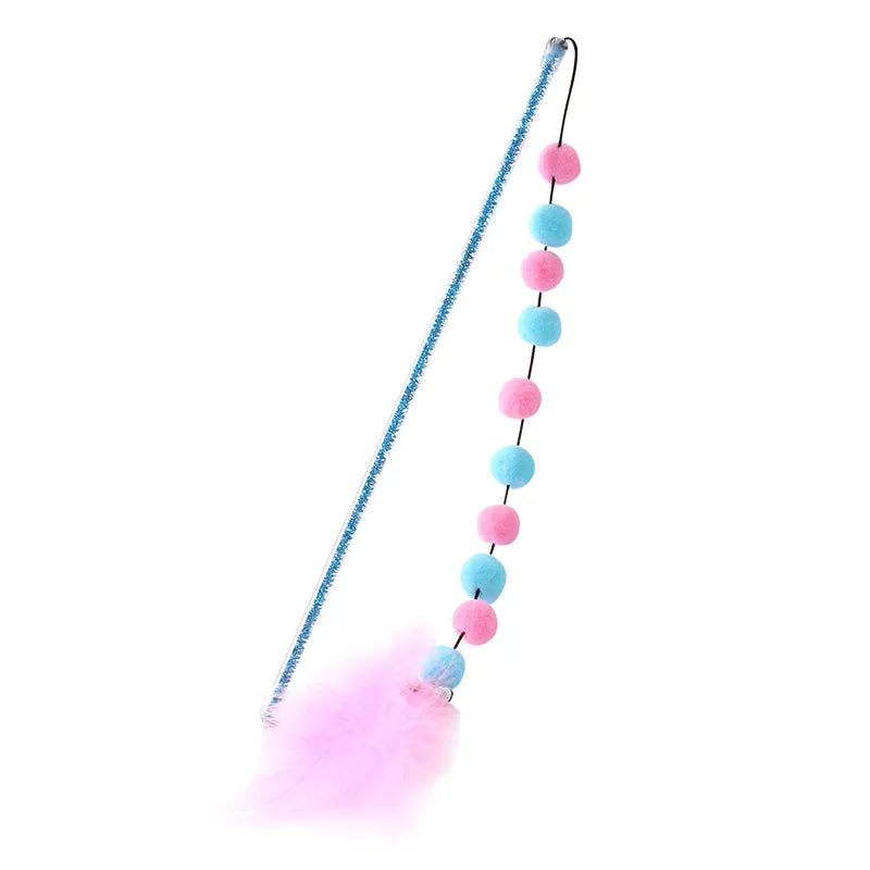Engaging feather & pom pom interactive toy rod designed for stimulating play with cats & kittens.