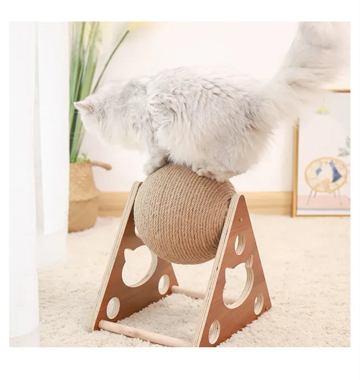 Cat's 360° rotating sisal scratching ball post. Interactive cat toy & furniture protector.