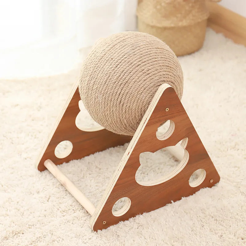 Engaging 360° rotating sisal ball on a sturdy wooden cat scratcher. Keeps cats active & happy.