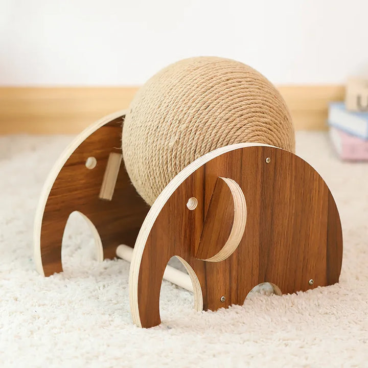 Modern cat scratching post featuring a spinning sisal ball. Pet accessory for feline fun & furniture protection.
