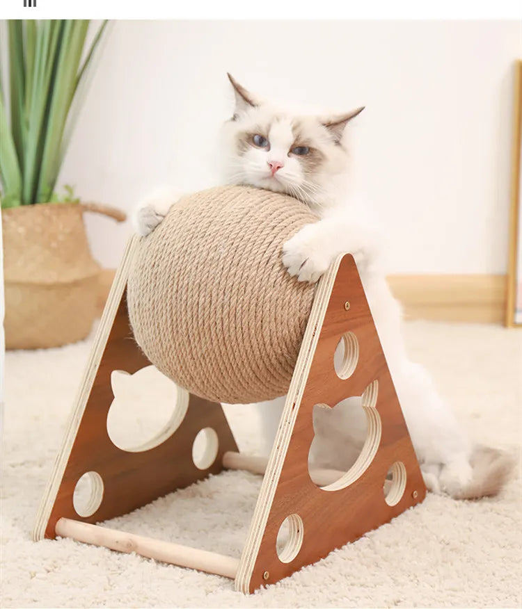Durable wooden cat scratching post with sisal ball. Engages active cats & protects furniture.