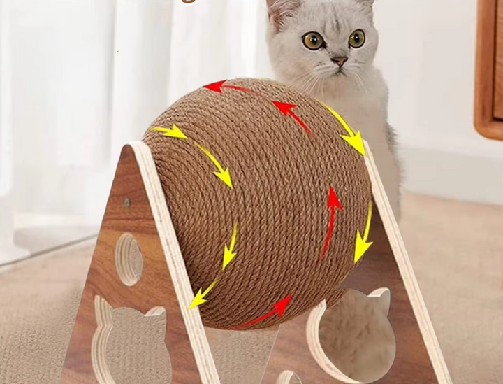 Interactive cat toy: Sisal scratching ball on a wooden post. Perfect pet accessory for active play.