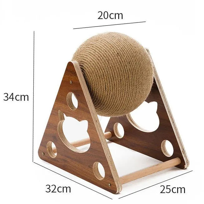 Wooden cat scratcher with 360° spinning sisal ball. Keeps cats entertained & claws healthy.