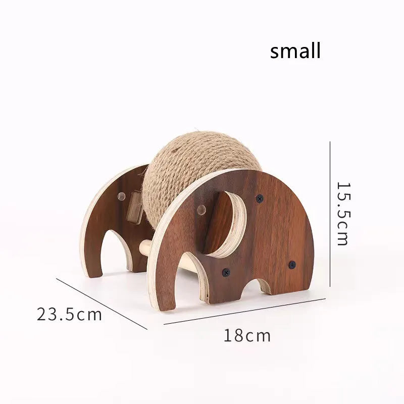 Active cat toy: Rotating sisal ball scratching post. A sturdy wooden scratcher & furniture saver.