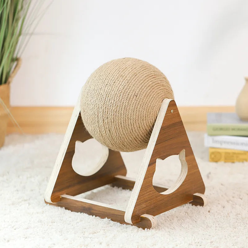 Stylish wooden cat scratching post with interactive sisal ball. Ideal pet accessory for all cats.