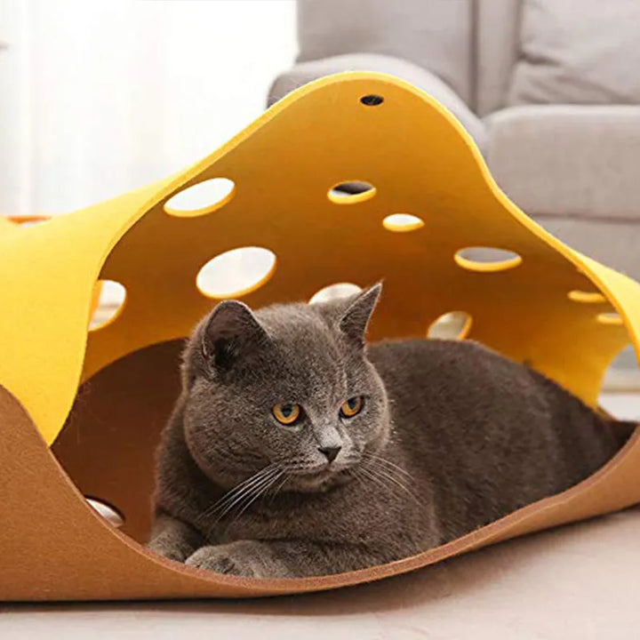 Felt cat play tunnel with multiple peek-a-boo holes, an interactive toy for feline adventure.