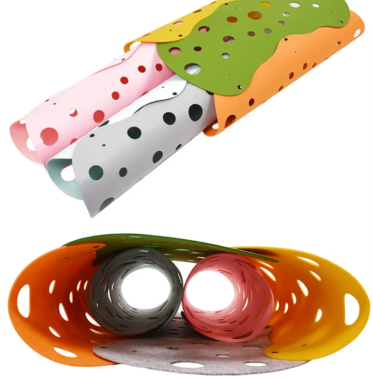 Feline play tunnel with peek-a-boo holes, a durable felt cat toy for enrichment & fun.