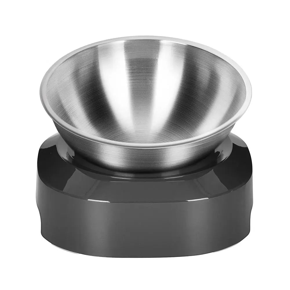 No-spill double stainless steel cat food & water bowls on an elevated stand, essential pet supplies.