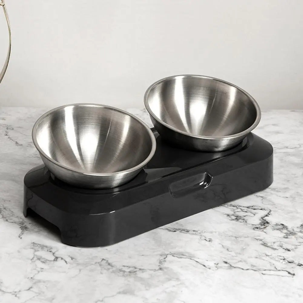 Dishwasher-safe double stainless steel cat bowls with a sturdy raised stand for food & water.