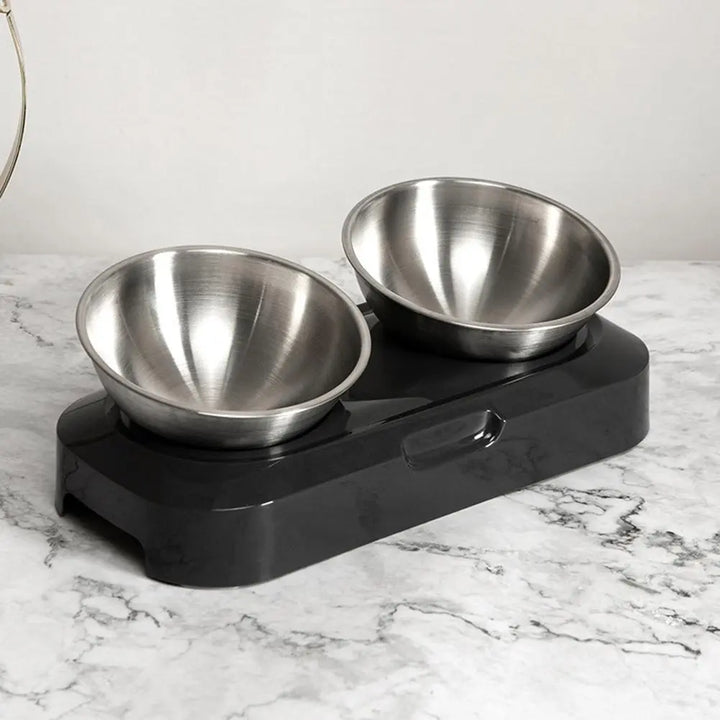 Dishwasher-safe double stainless steel cat bowls with a sturdy raised stand for food & water.