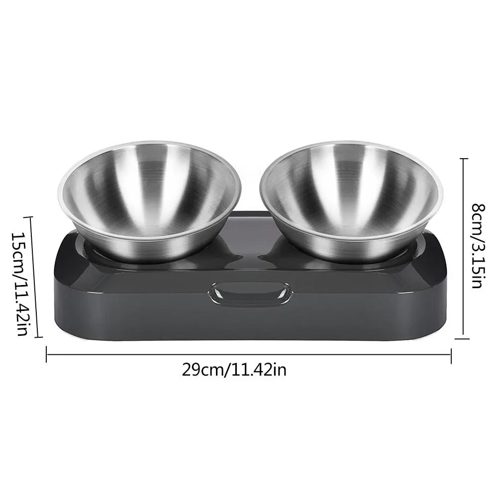 Elevated double stainless steel cat feeding station, hygienic and ergonomic design for pets.