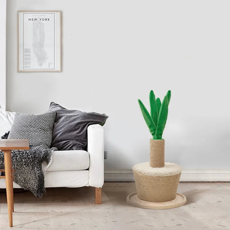 Decorative green plant design sisal cat scratching post. Blends as home decor while promoting healthy cat claws.