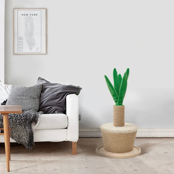 Decorative green plant design sisal cat scratching post. Blends as home decor while promoting healthy cat claws.