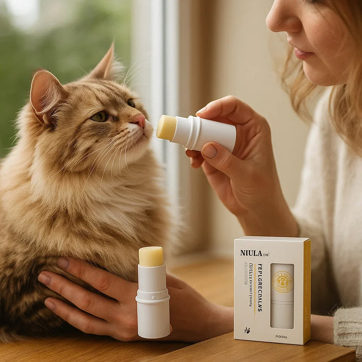 Easy-apply cat paw balm stick with natural ingredients, offering soothing protection for dry paws and cracked noses.