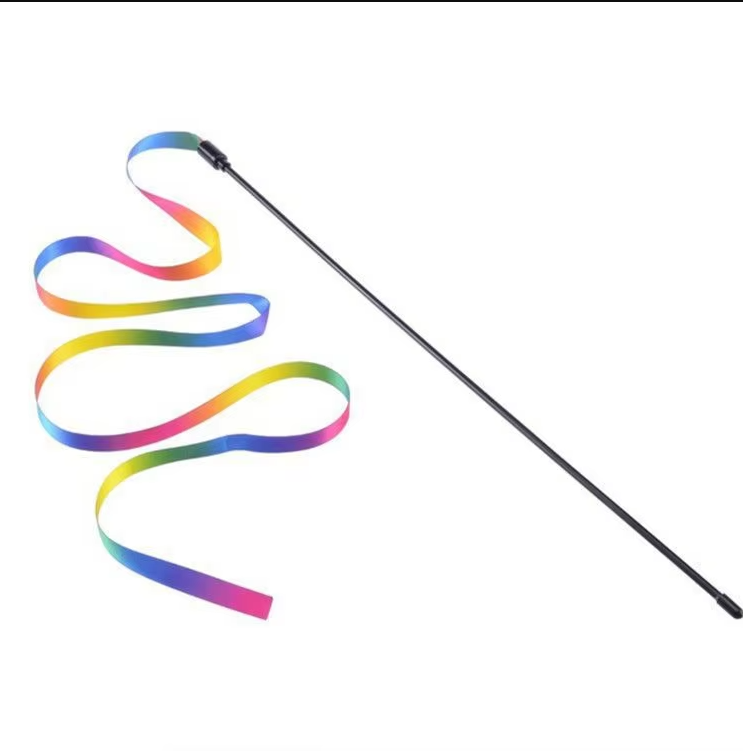 Vibrant rainbow wand cat toy with soft feathers, encouraging playful exercise for your active pet.