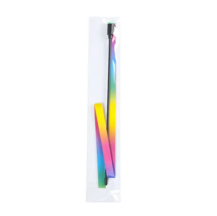 Interactive play rod cat toy featuring a colorful rainbow feather, stimulating feline fun and active play.