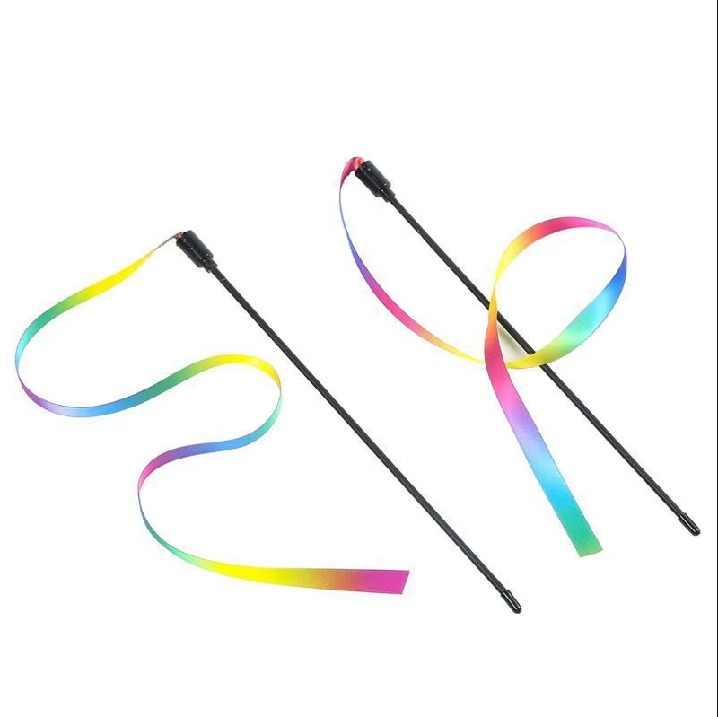 Bright rainbow wand cat toy with real feathers, designed for interactive and stimulating play for cats.