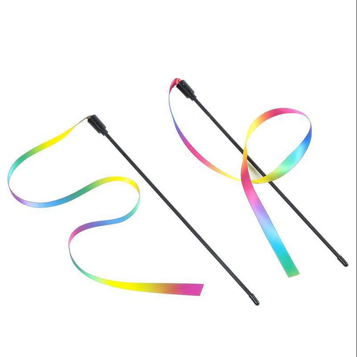Bright rainbow wand cat toy with real feathers, designed for interactive and stimulating play for cats.