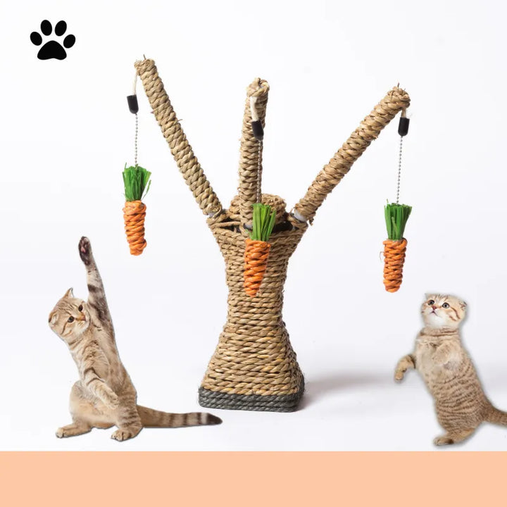 Cat's tree design sisal scratching post with interactive carrot toys for claw care & play.