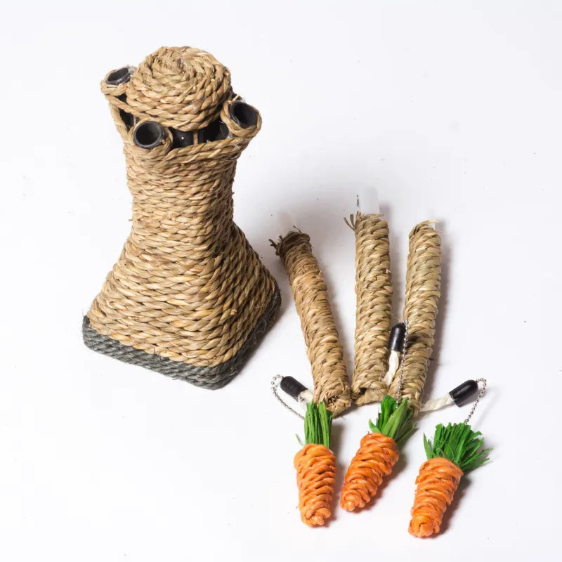 Feline sisal scratching post with cat tree aesthetic & playful carrot toys; ideal for active cats.