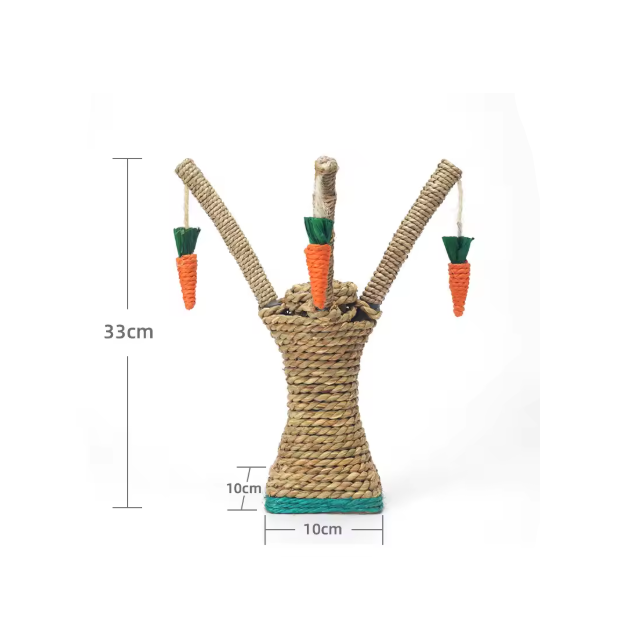 Tall cat tree scratching post with natural sisal rope & cute carrot pet toys, perfect for playtime.